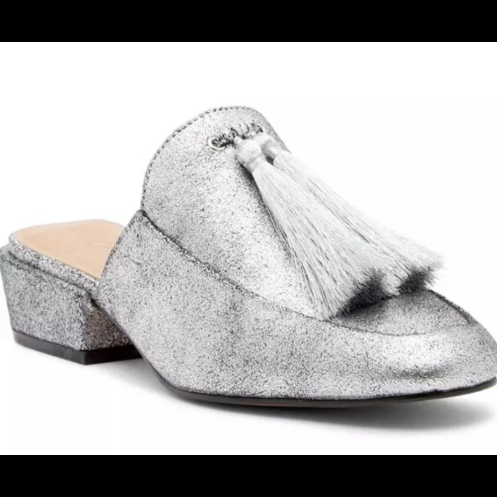 Bettye Muller Brea silver tassel mules